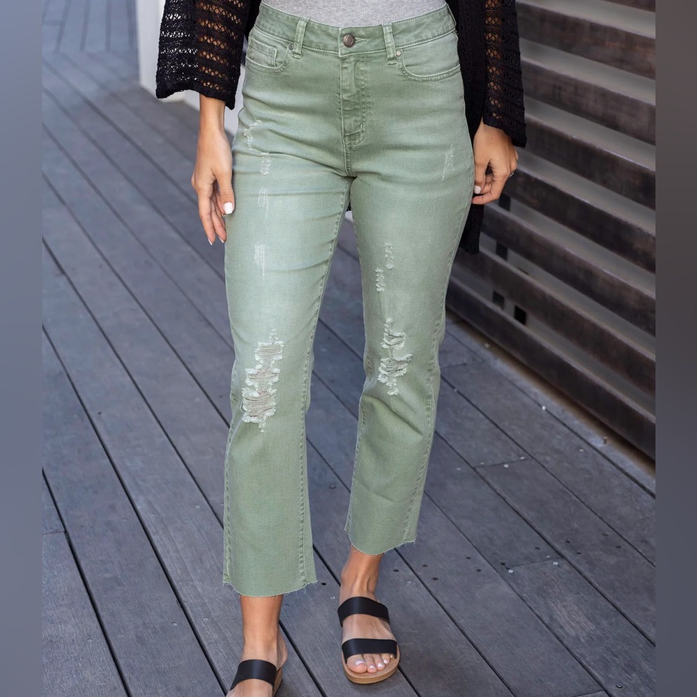 Grace & Lace Mel's Fave Distressed Cropped Straight Leg Denim Dusty Olive 16